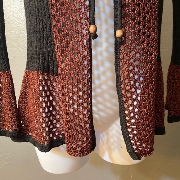 SAPPHIRE Black and Rust Long Sleeve Tie Front Bell Sleeve Cardigan - Picture 11 of 16